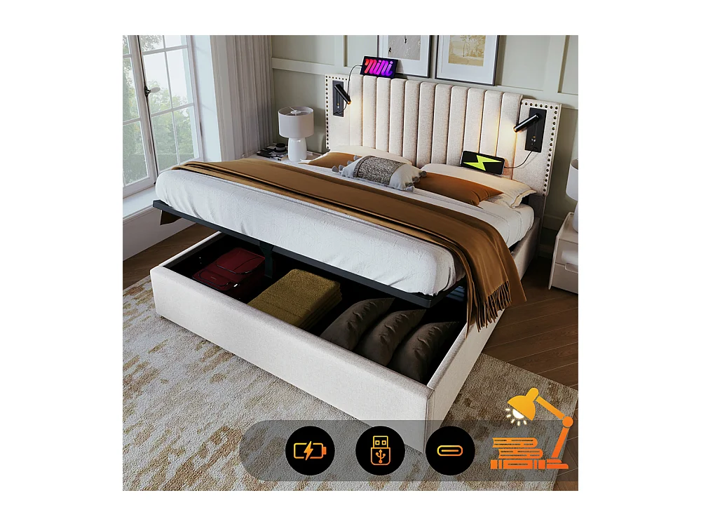 Gestoffeerd bed 160x200cm, opbergbed met lattenbodem, leeslamp en USB-oplaadfunctie, katoen, beige