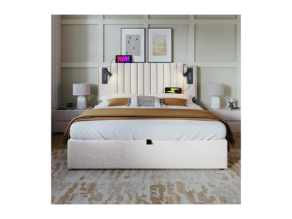 Gestoffeerd bed 160x200cm, opbergbed met lattenbodem, leeslamp en USB-oplaadfunctie, katoen, beige