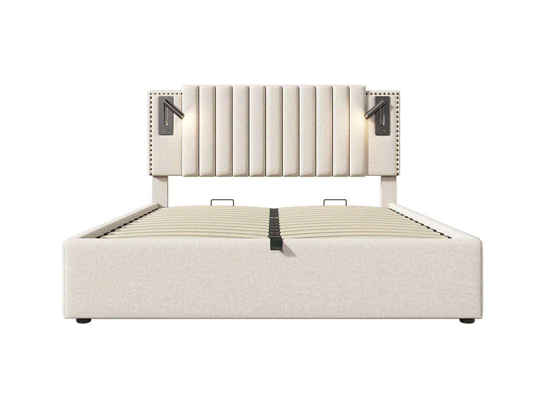 Gestoffeerd bed 160x200cm, opbergbed met lattenbodem, leeslamp en USB-oplaadfunctie, katoen, beige