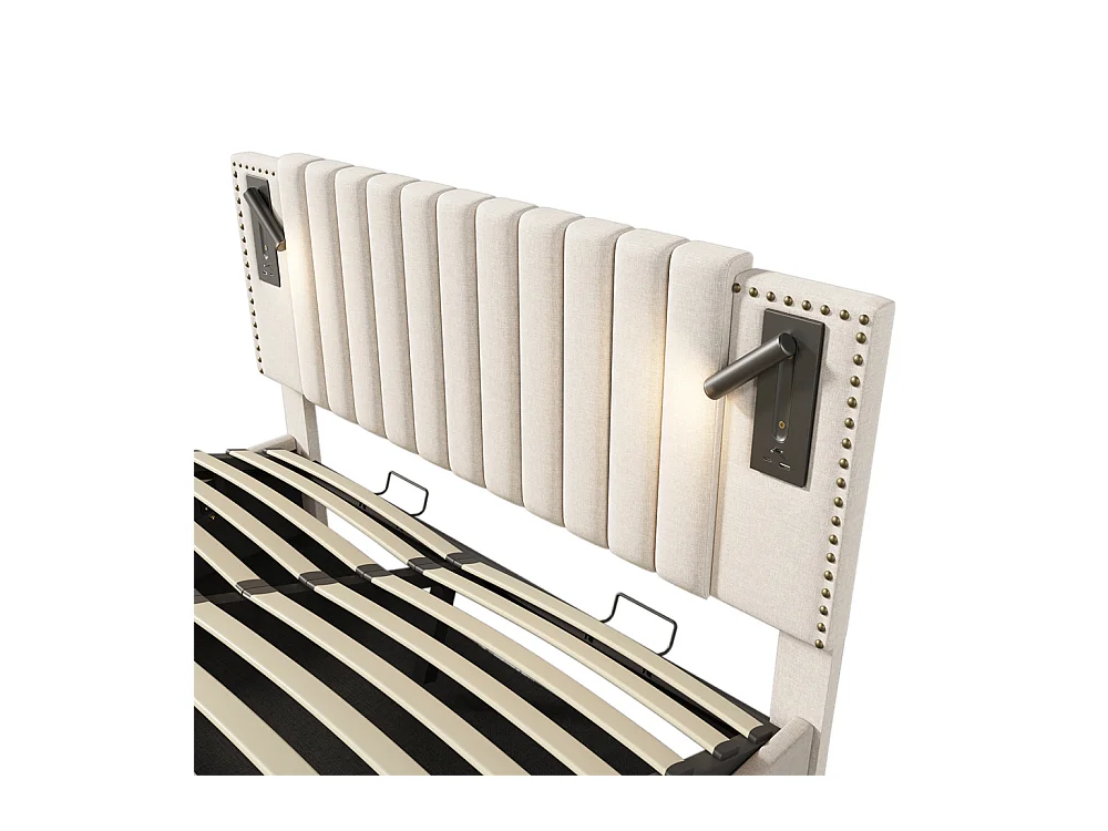 Gestoffeerd bed 160x200cm, opbergbed met lattenbodem, leeslamp en USB-oplaadfunctie, katoen, beige