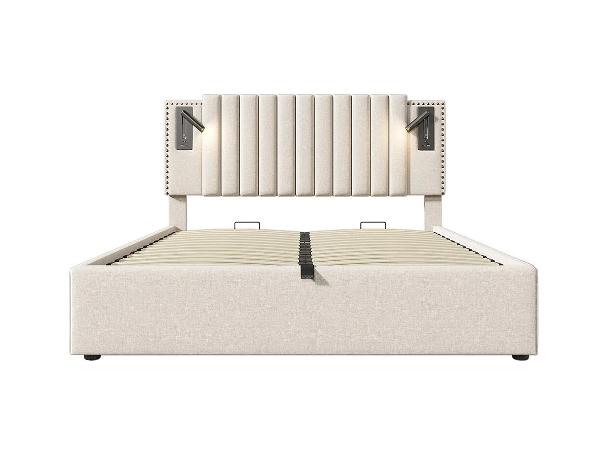 Gestoffeerd bed 160x200cm, opbergbed met lattenbodem, leeslamp en USB-oplaadfunctie, katoen, beige