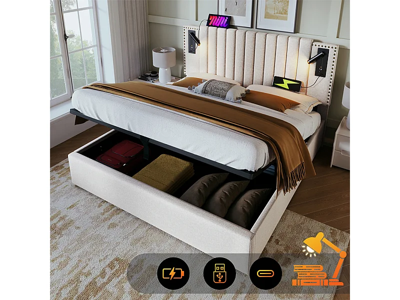 Gestoffeerd bed 160x200cm, opbergbed met lattenbodem, leeslamp en USB-oplaadfunctie, katoen, beige
