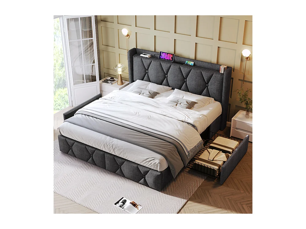 Lit adulte lit 160x200 cm lit rembourré lit de rangement avec 4 tiroirs lit double lin gris