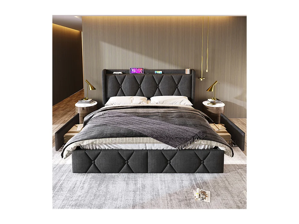 Lit adulte lit 160x200 cm lit rembourré lit de rangement avec 4 tiroirs lit double lin gris