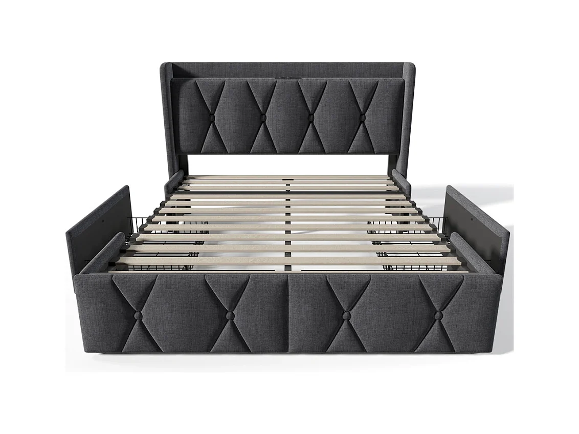 Lit adulte lit 160x200 cm lit rembourré lit de rangement avec 4 tiroirs lit double lin gris