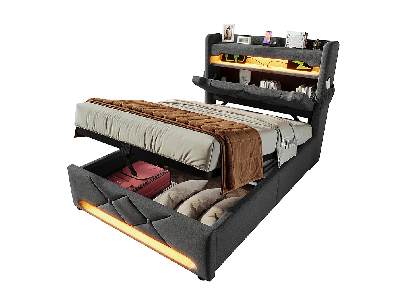 Hydraulisch gestoffeerd bed 90x200cm, eenpersoonsbed, opberghoofdeinde met USB- en Type C-aansluiting, linnen, grijs, zonder matras