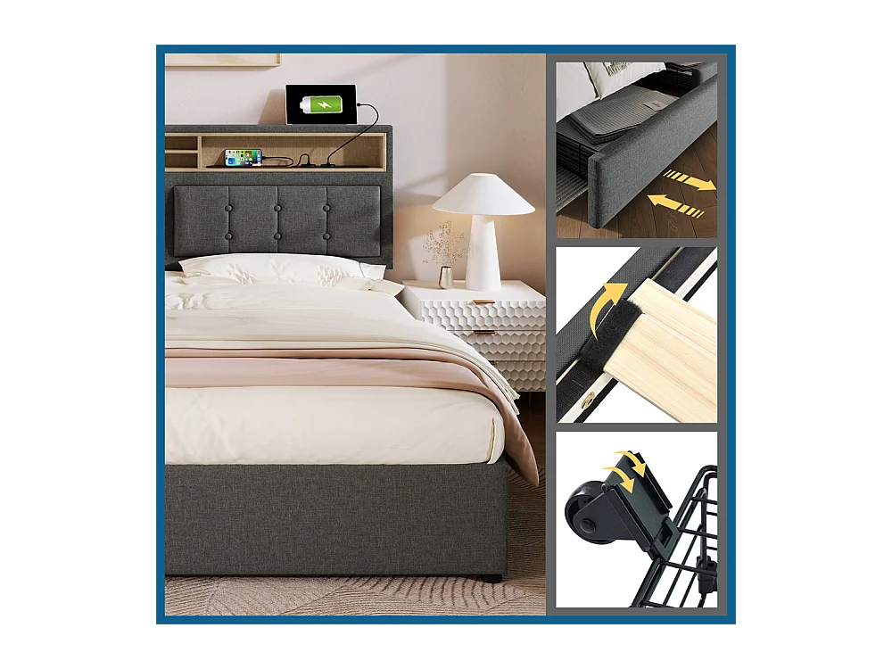 Volwassen bed 160x200 cm gestoffeerd bed met vier lades met houten lattenbodem tweepersoonsbed grijs linnen