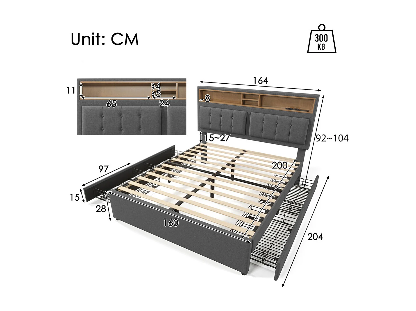 Volwassen bed 160x200 cm gestoffeerd bed met vier lades met houten lattenbodem tweepersoonsbed grijs linnen