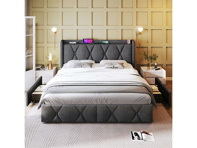 Lit adulte lit 140x200 cm lit rembourré lit de rangement avec 4 tiroirs lit double lin gris