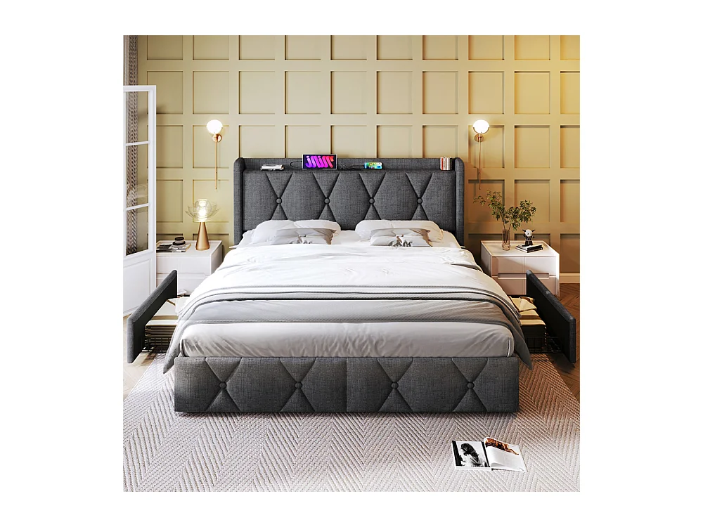 Lit adulte lit 140x200 cm lit rembourré lit de rangement avec 4 tiroirs lit double lin gris