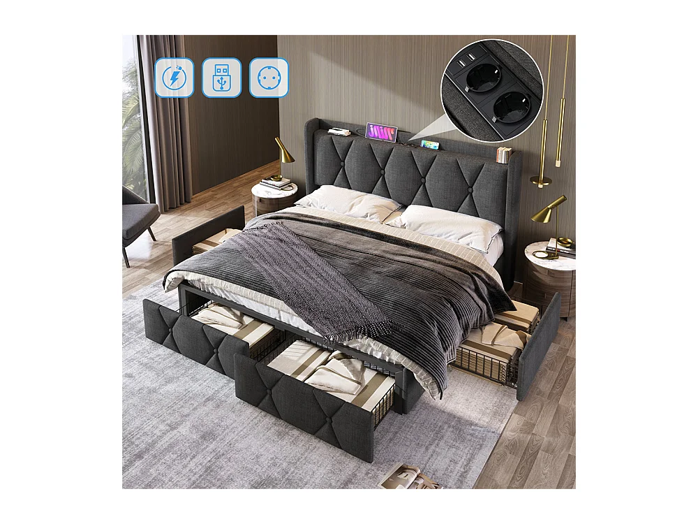 Lit adulte lit 140x200 cm lit rembourré lit de rangement avec 4 tiroirs lit double lin gris