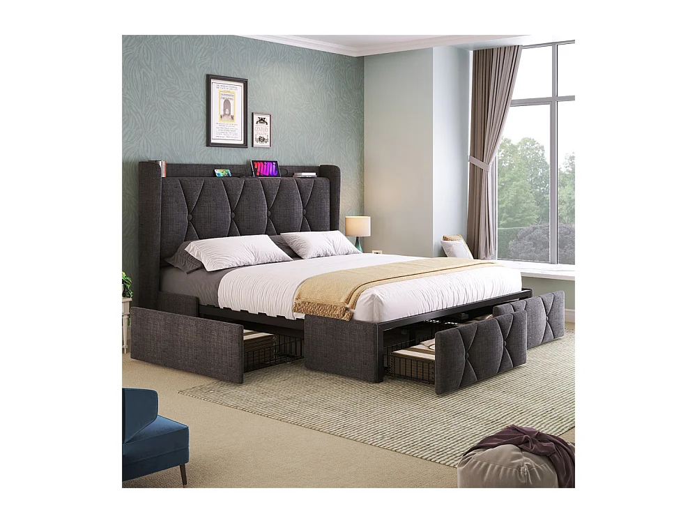 Lit adulte lit 140x200 cm lit rembourré lit de rangement avec 4 tiroirs lit double lin gris