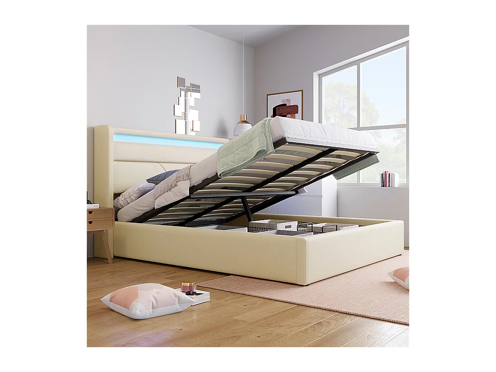 Volwassen bed 140x200 cm bed hydraulisch gestoffeerd bed opbergbed led verlichtingsbalk tweepersoonsbed pu wit