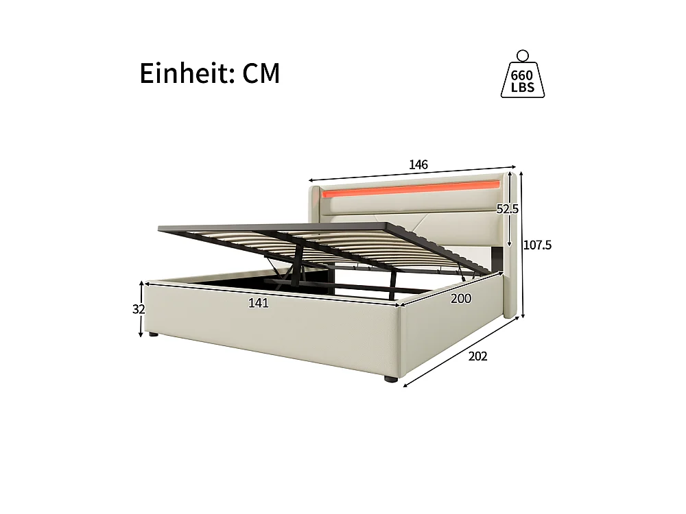 Volwassen bed 140x200 cm bed hydraulisch gestoffeerd bed opbergbed led verlichtingsbalk tweepersoonsbed pu wit