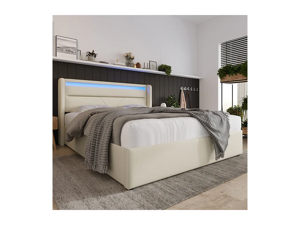 Volwassen bed 140x200 cm bed hydraulisch gestoffeerd bed opbergbed led verlichtingsbalk tweepersoonsbed pu wit