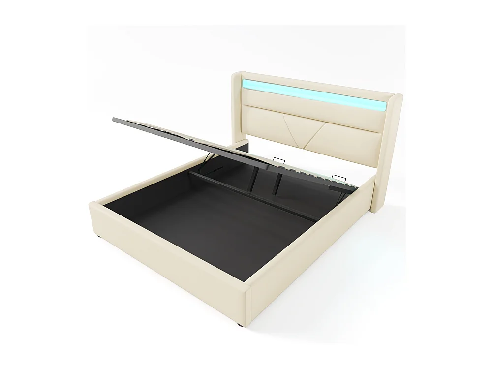 Volwassen bed 140x200 cm bed hydraulisch gestoffeerd bed opbergbed led verlichtingsbalk tweepersoonsbed pu wit