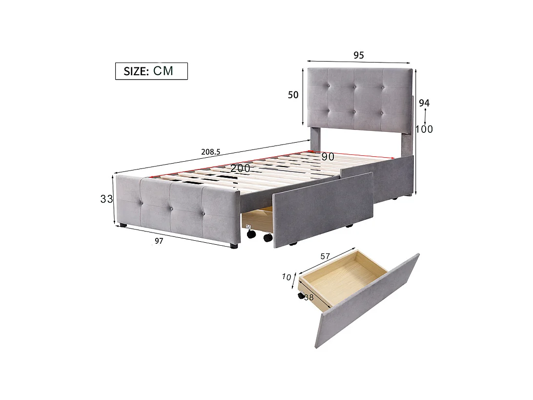Lit adulte lit 90x200 cm lit rembourré lit 2 tiroirs lit sommier à lattes Single tissu en velours gris
