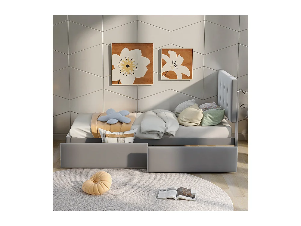 Lit adulte lit 90x200 cm lit rembourré lit 2 tiroirs lit sommier à lattes Single tissu en velours gris