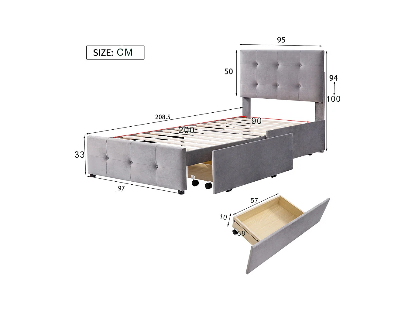 Lit adulte lit 90x200 cm lit rembourré lit 2 tiroirs lit sommier à lattes Single tissu en velours gris
