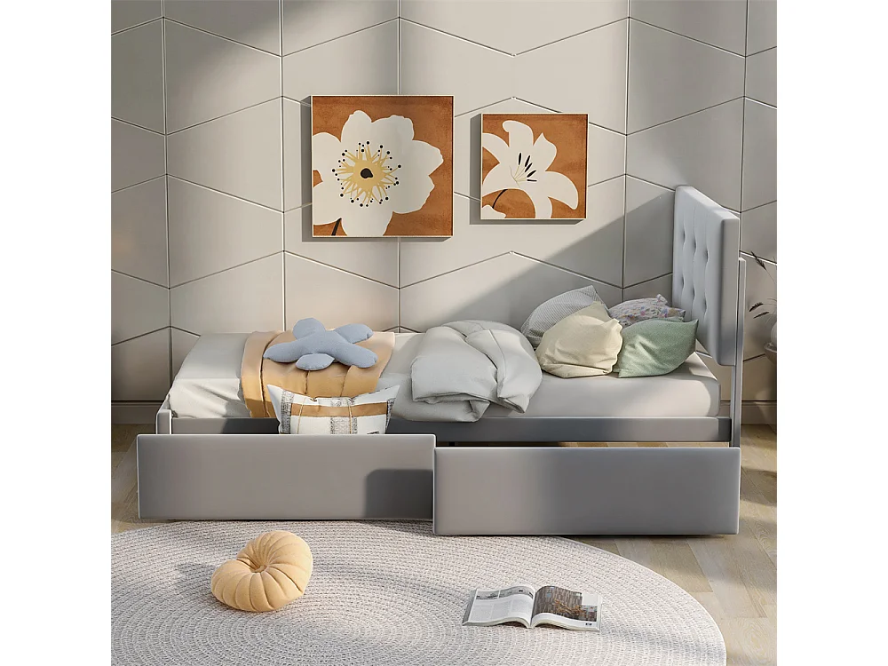 Lit adulte lit 90x200 cm lit rembourré lit 2 tiroirs lit sommier à lattes Single tissu en velours gris