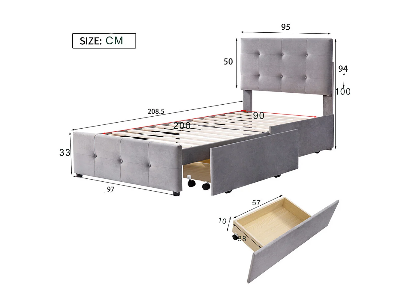 Lit adulte lit 90x200 cm lit rembourré lit 2 tiroirs lit sommier à lattes Single tissu en velours gris