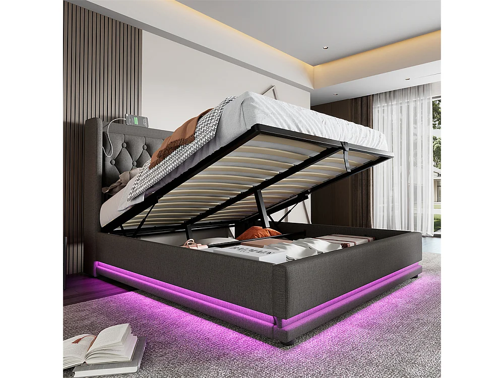 Volwassen bed 180x200 cm hydraulisch gewatteerd bed opbergbed tweepersoonsbed grijs katoen