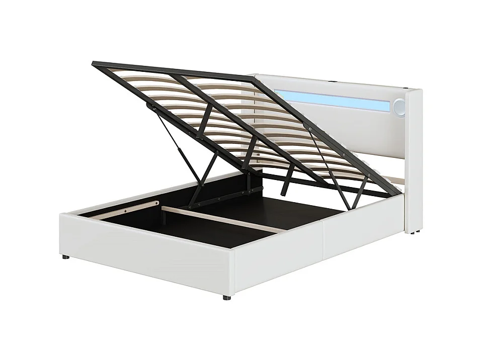 Gestoffeerd bed 140x200cm met lattenbodem, LED-lichtbalk, Bluetooth-speler en USB-oplader, wit PU-lederen tweepersoonsbed