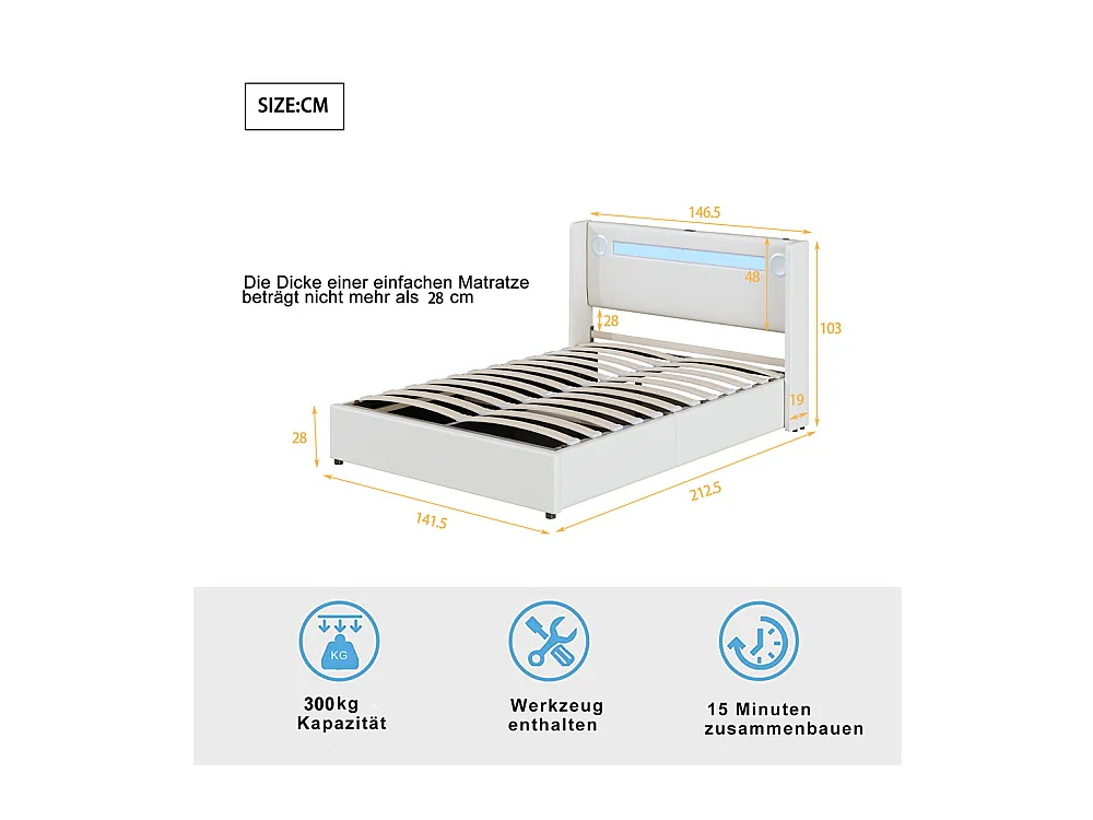 Gestoffeerd bed 140x200cm met lattenbodem, LED-lichtbalk, Bluetooth-speler en USB-oplader, wit PU-lederen tweepersoonsbed