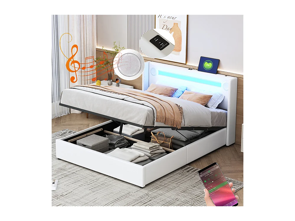 Gestoffeerd bed 140x200cm met lattenbodem, LED-lichtbalk, Bluetooth-speler en USB-oplader, wit PU-lederen tweepersoonsbed