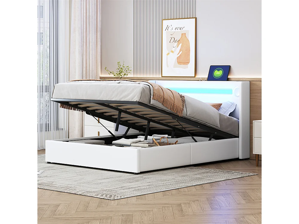 Gestoffeerd bed 140x200cm met lattenbodem, LED-lichtbalk, Bluetooth-speler en USB-oplader, wit PU-lederen tweepersoonsbed