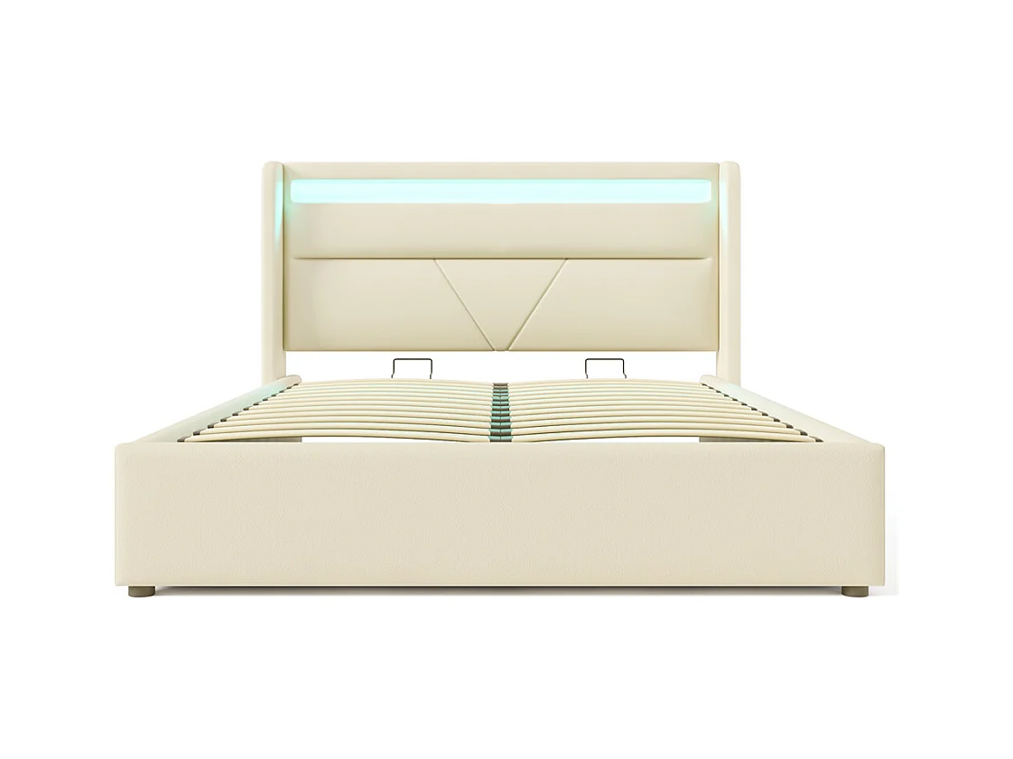 Volwassen bed 160x200 cm hydraulisch gestoffeerd bed opbergbed led verlichtingsbalk tweepersoonsbed pu wit