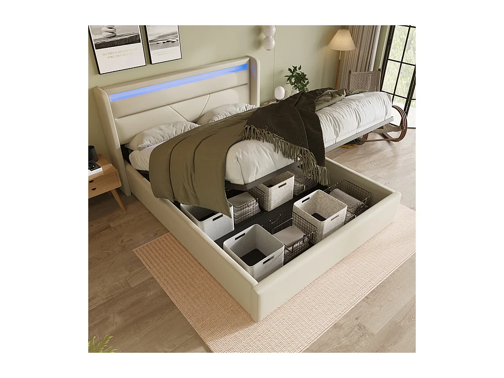 Volwassen bed 160x200 cm hydraulisch gestoffeerd bed opbergbed led verlichtingsbalk tweepersoonsbed pu wit