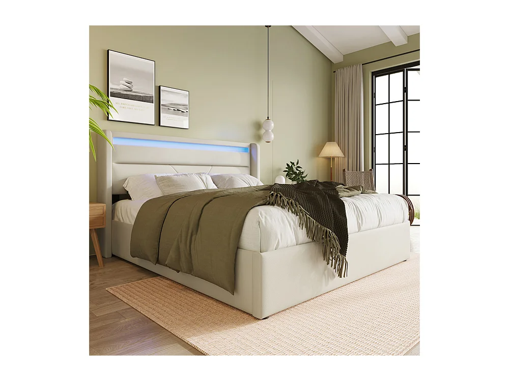 Volwassen bed 160x200 cm hydraulisch gestoffeerd bed opbergbed led verlichtingsbalk tweepersoonsbed pu wit