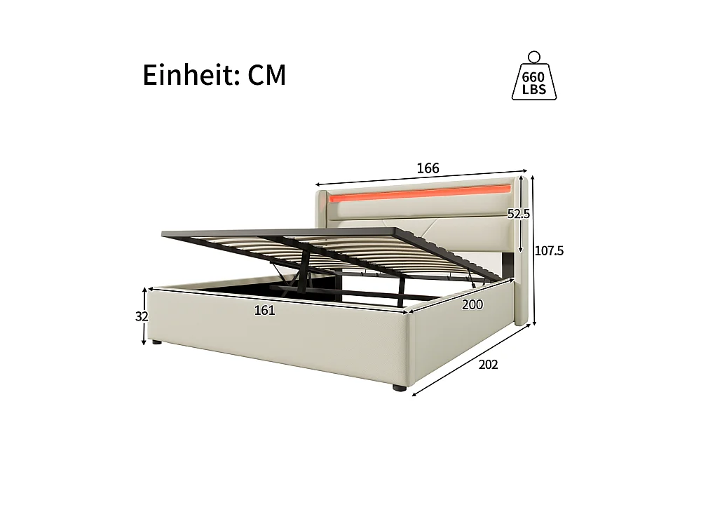 Volwassen bed 160x200 cm hydraulisch gestoffeerd bed opbergbed led verlichtingsbalk tweepersoonsbed pu wit