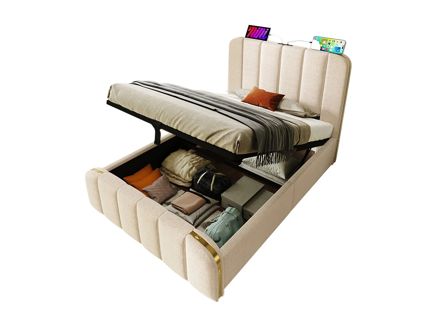 Volwassen bed 160x200 cm hydraulisch gestoffeerd bed opbergbed led verlichtingsbalk tweepersoonsbed pu wit