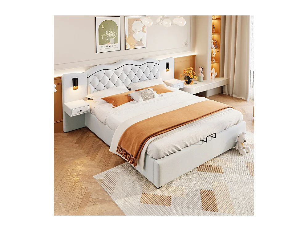 Volwassen bed 180x200 cm hydraulisch gestoffeerd bed met twee bedlampjes tweepersoonsbed beige linnen