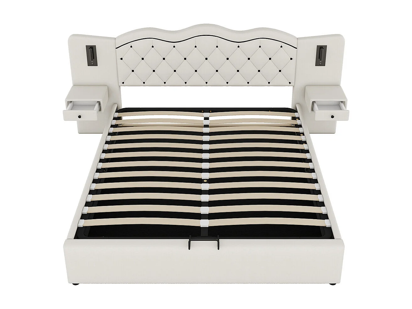 Volwassen bed 180x200 cm hydraulisch gestoffeerd bed met twee bedlampjes tweepersoonsbed beige linnen