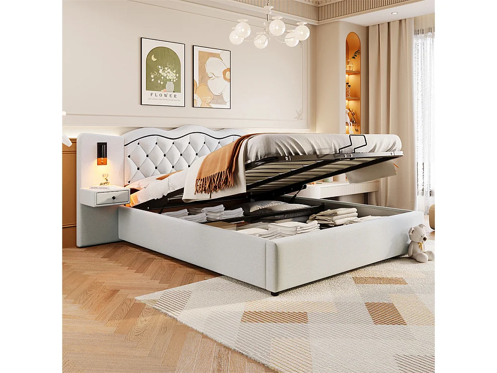 Volwassen bed 180x200 cm hydraulisch gestoffeerd bed met twee bedlampjes tweepersoonsbed beige linnen