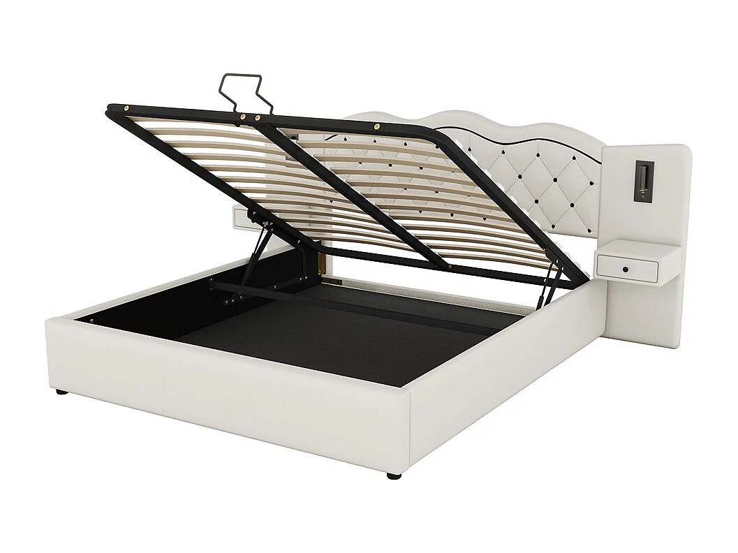 Volwassen bed 180x200 cm hydraulisch gestoffeerd bed met twee bedlampjes tweepersoonsbed beige linnen