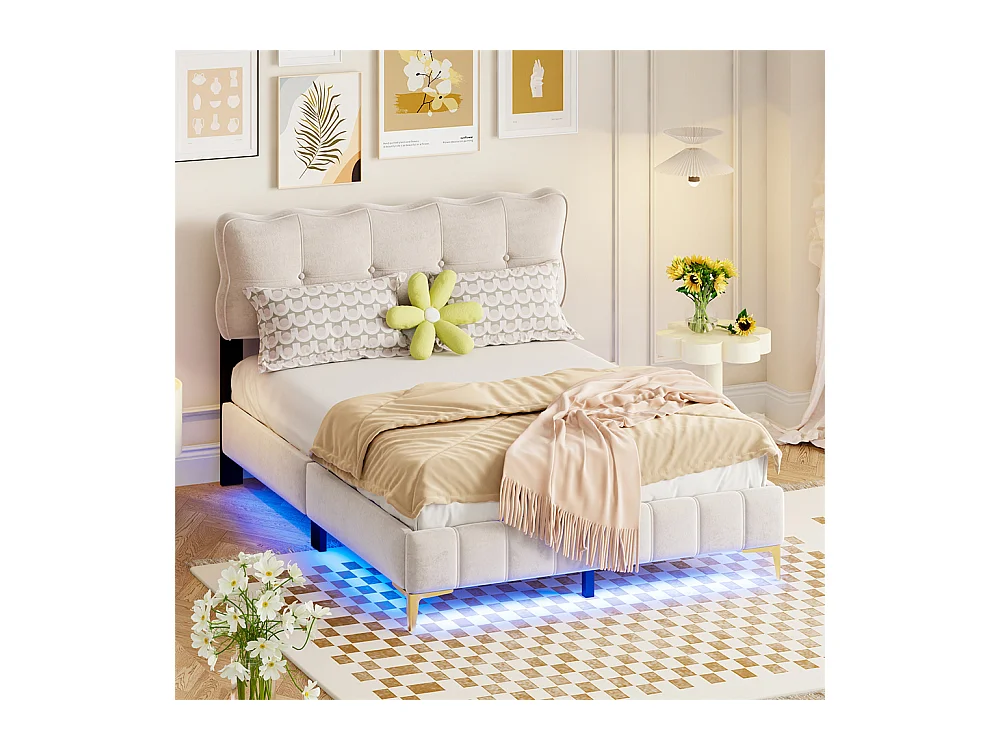Volwassen bed 140x200 cm bed gestoffeerd bed lattenbodem led-lampen tweepersoonsbed beige fluwelen stof