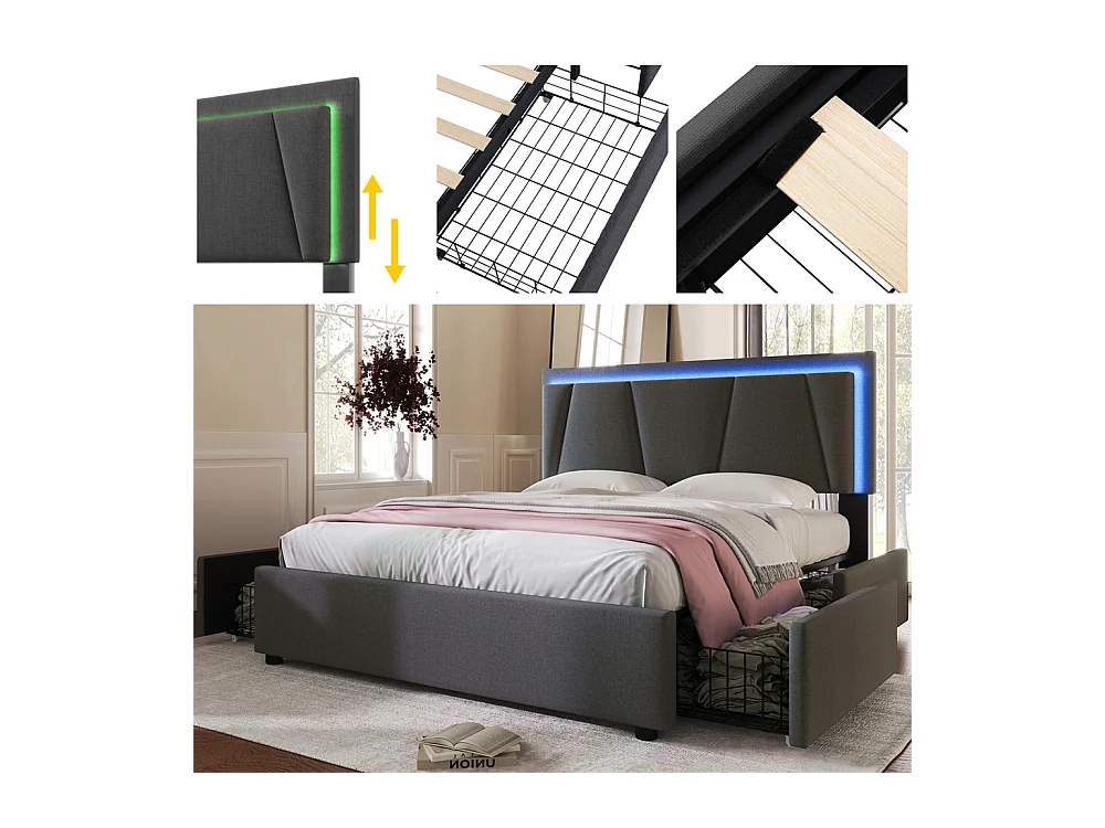 Lit adulte lit 140x200 cm lit rembourré lit eclairage led lit 4 tiroirs lit sommier à lattes en bois lit double lin gris