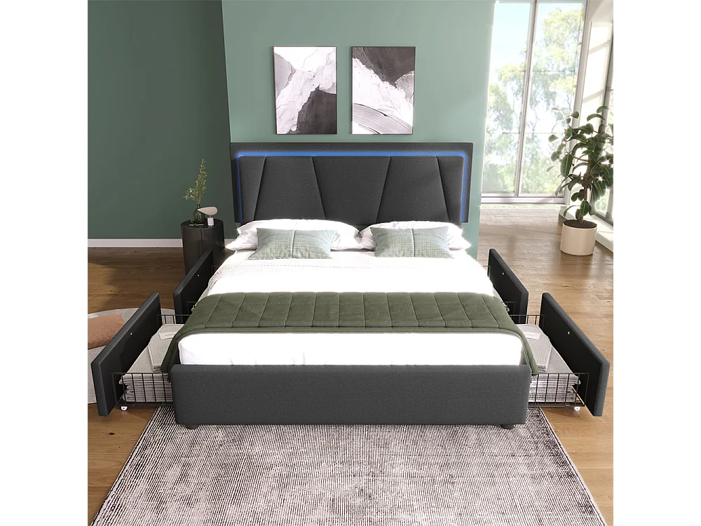 Lit adulte lit 140x200 cm lit rembourré lit eclairage led lit 4 tiroirs lit sommier à lattes en bois lit double lin gris