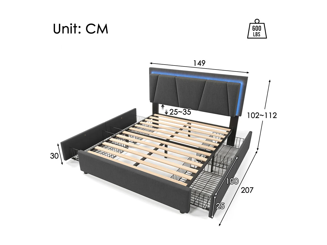 Lit adulte lit 140x200 cm lit rembourré lit eclairage led lit 4 tiroirs lit sommier à lattes en bois lit double lin gris