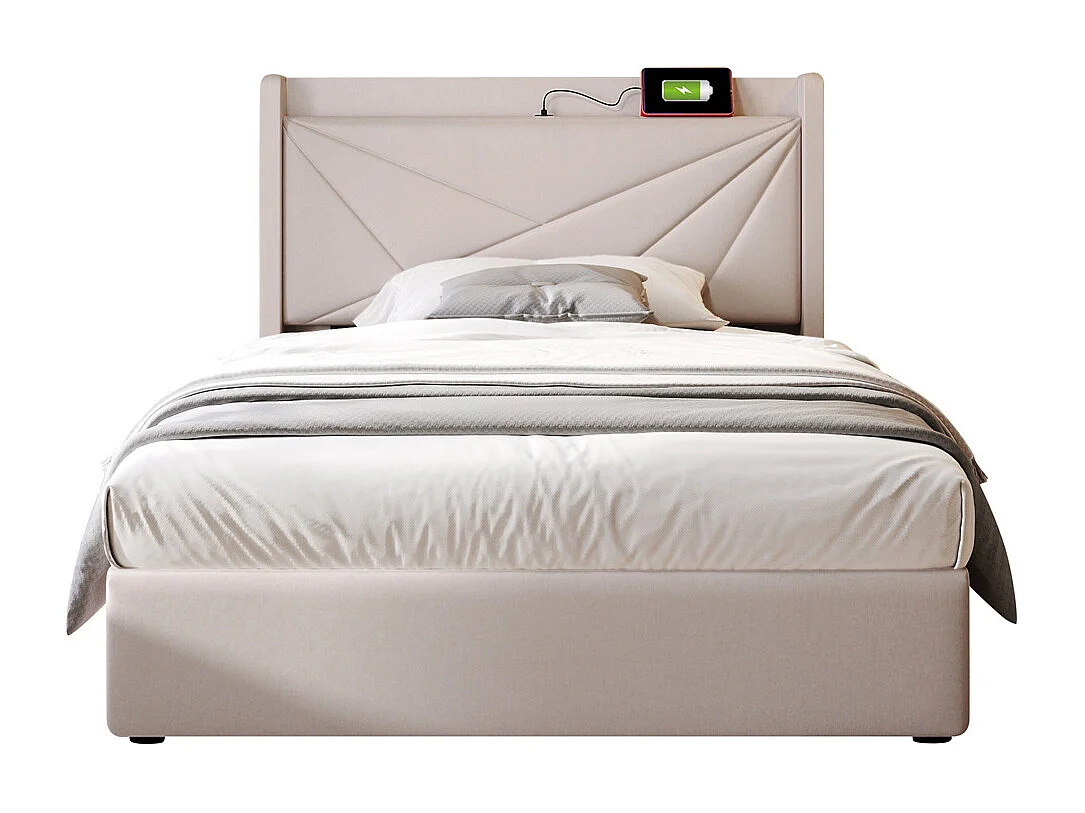 Gestoffeerd bed met opbergruimte 90x200 cm hoofdbord met USB type C oplaadfunctie Eenpersoons katoen linnen beige
