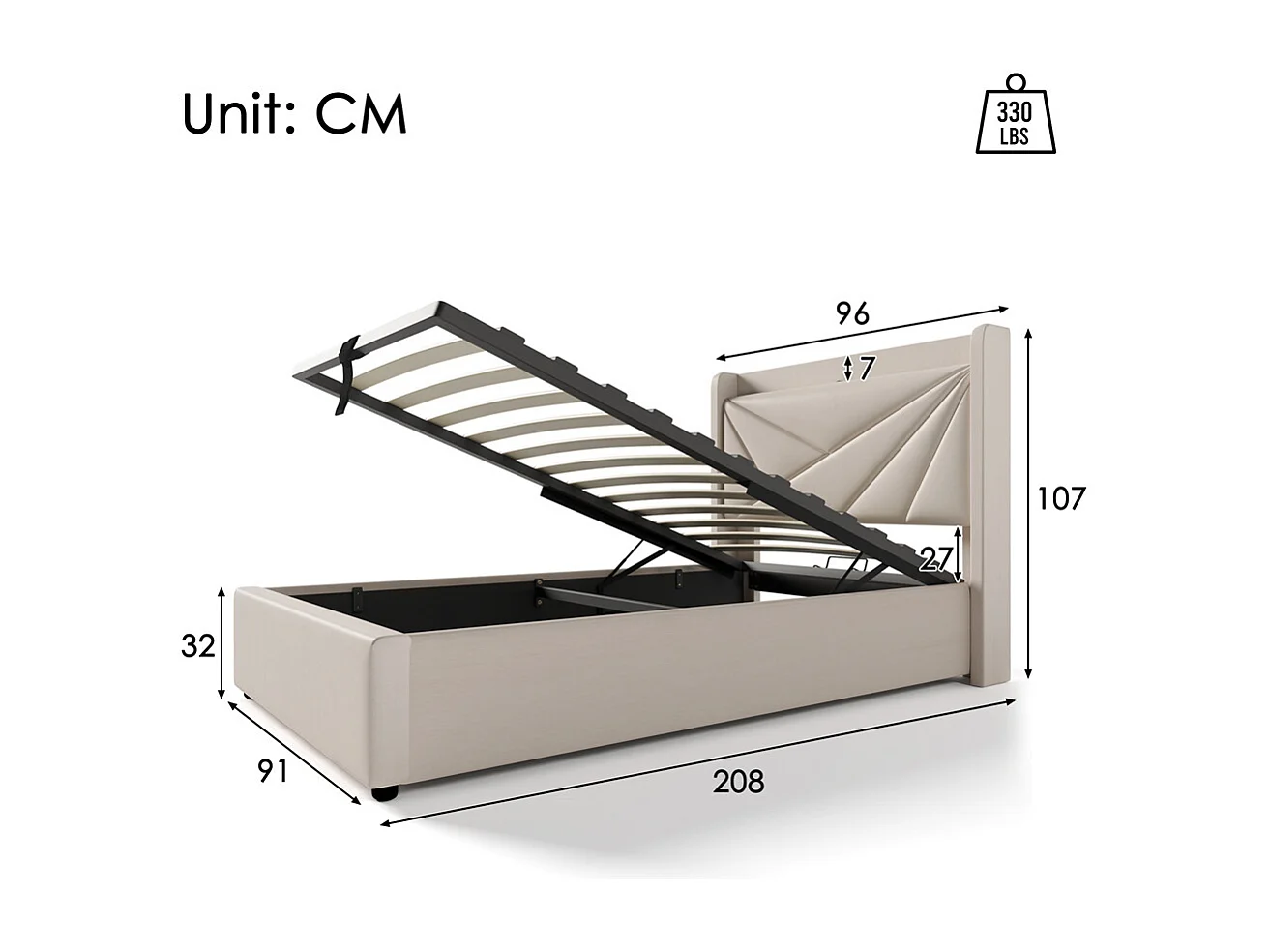 Gestoffeerd bed met opbergruimte 90x200 cm hoofdbord met USB type C oplaadfunctie Eenpersoons katoen linnen beige