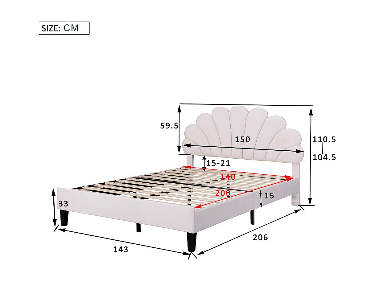 Lit adulte lit 140x200 cm lit rembourré lit cadre à lamelles lit double velours beige