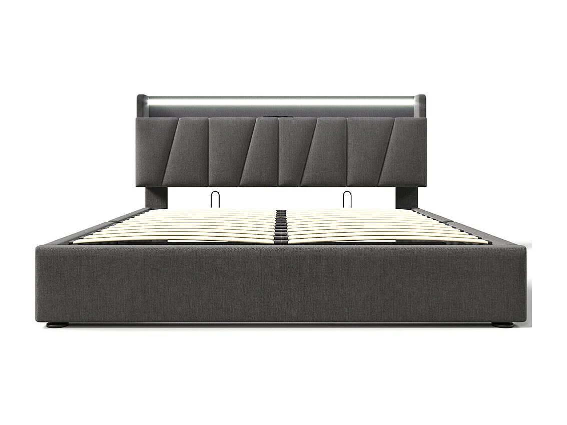 Volwassen bed 140x200 cm gestoffeerd bed met LED-verlichting opbergbed tweepersoonsbed grijs linnen
