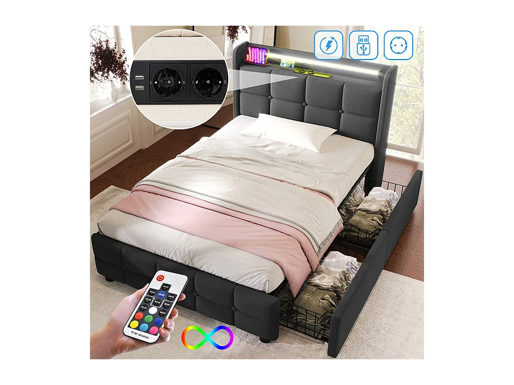Gestoffeerd bed 90x200cm opbergbed 2 lades led verlichting bed houten lattenbodem eenpersoons grijs linnen