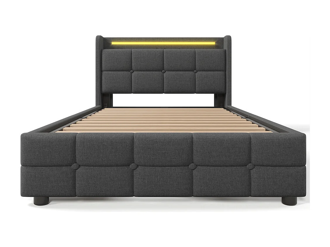 Gestoffeerd bed 90x200cm opbergbed 2 lades led verlichting bed houten lattenbodem eenpersoons grijs linnen
