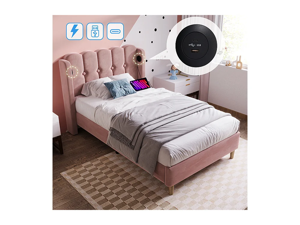 Lit adulte lit 90x200 cm lit rembourré avec fonction de charge usb type c Single velours rose